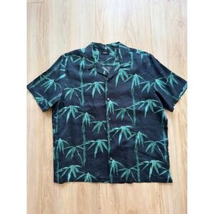 Theory Mens Irving SS Linen Bamboo Flower Print Shirt Black Green XL N0573501